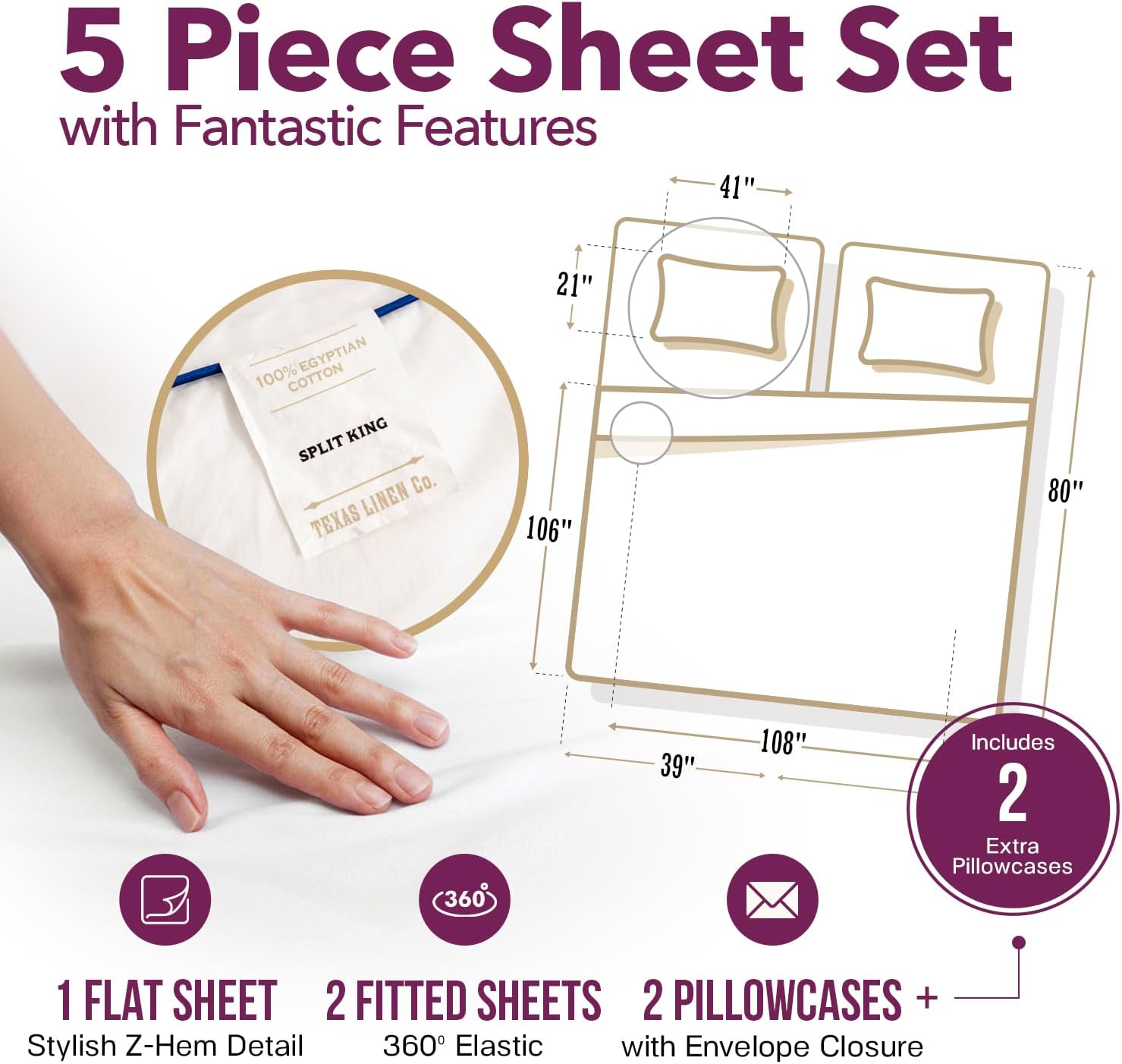 TEXAS LINEN CO. 100% Egyptian Cotton Split King Sheets Sets for Adjustable Bed - Luxury 1200 Series Star Sleepin' Collection Split Top…