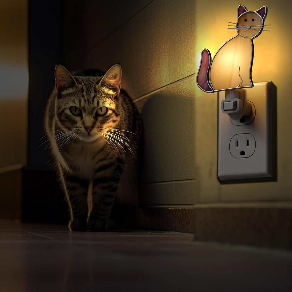 KY&BOSAM Stained Glass Cat Night Lights Plug into Wall 1-Pack 7W Plug in Night Light Dusk to Dawn 3000K Warm White Bright Nightlight…