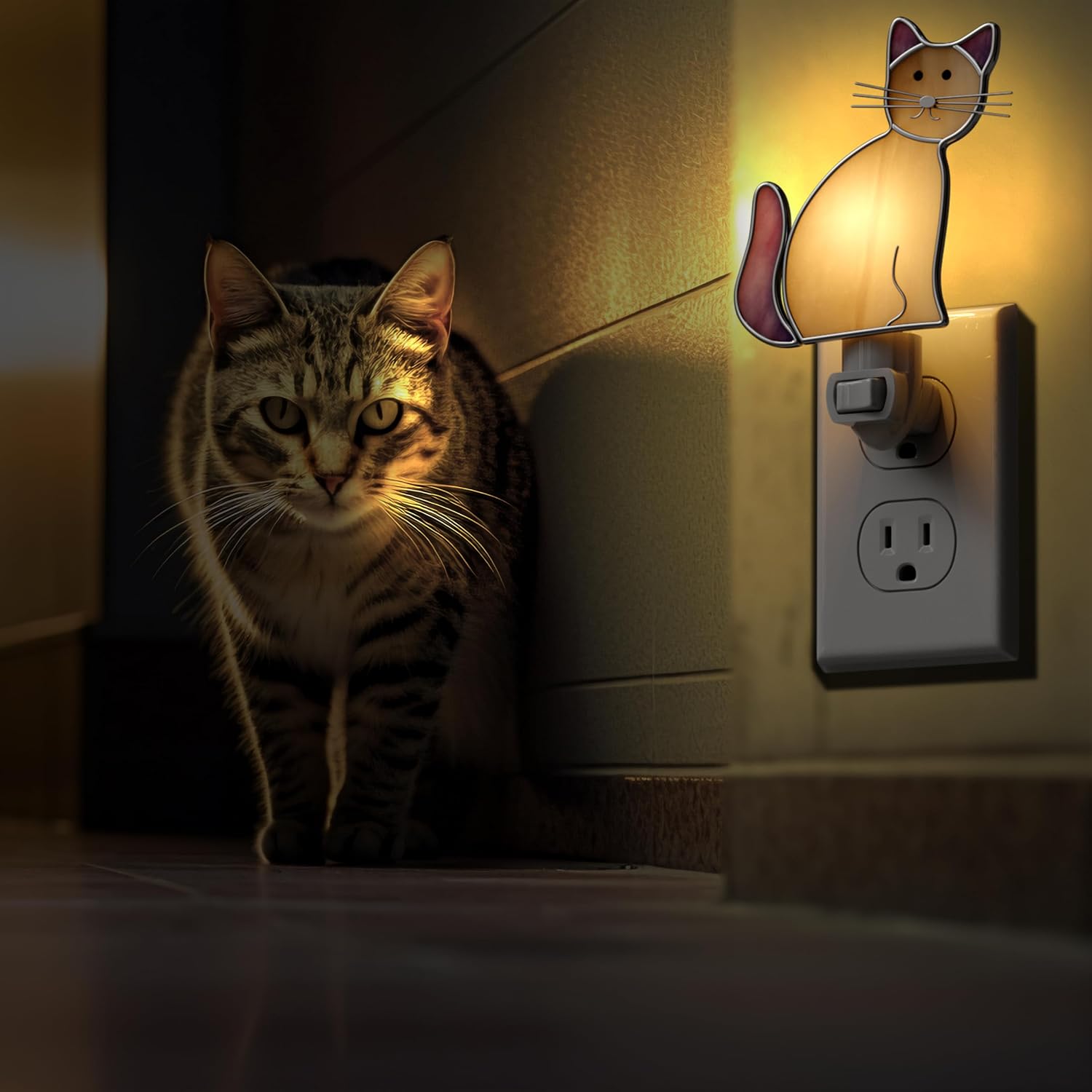 KY&BOSAM Stained Glass Cat Night Lights Plug into Wall 1-Pack 7W Plug in Night Light Dusk to Dawn 3000K Warm White Bright Nightlight…