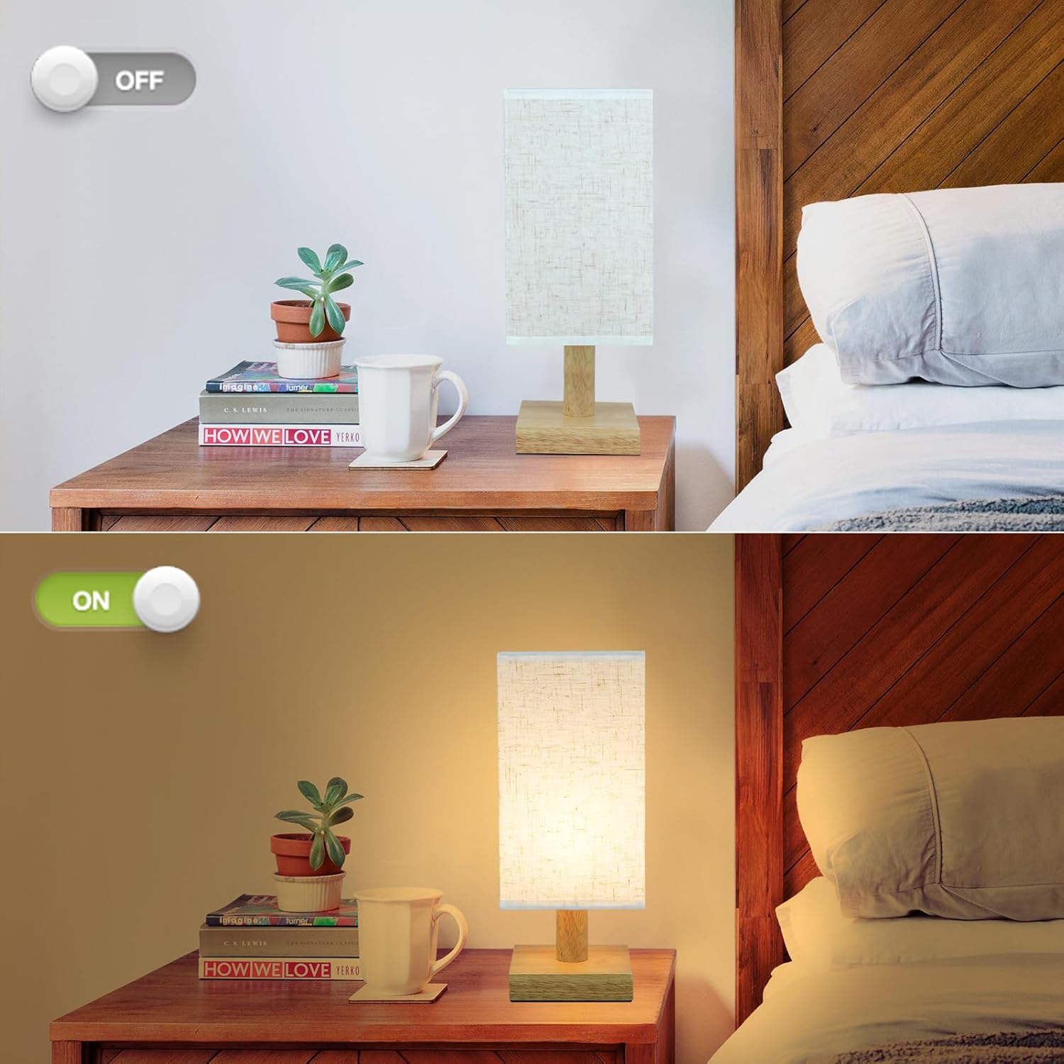 SEENSINY Small Bedside Table Lamps Set of 2, Minimalist Nightstand Lamp Set of 2 with Square Fabric Linen Shade, Mini Reading Night Stand…