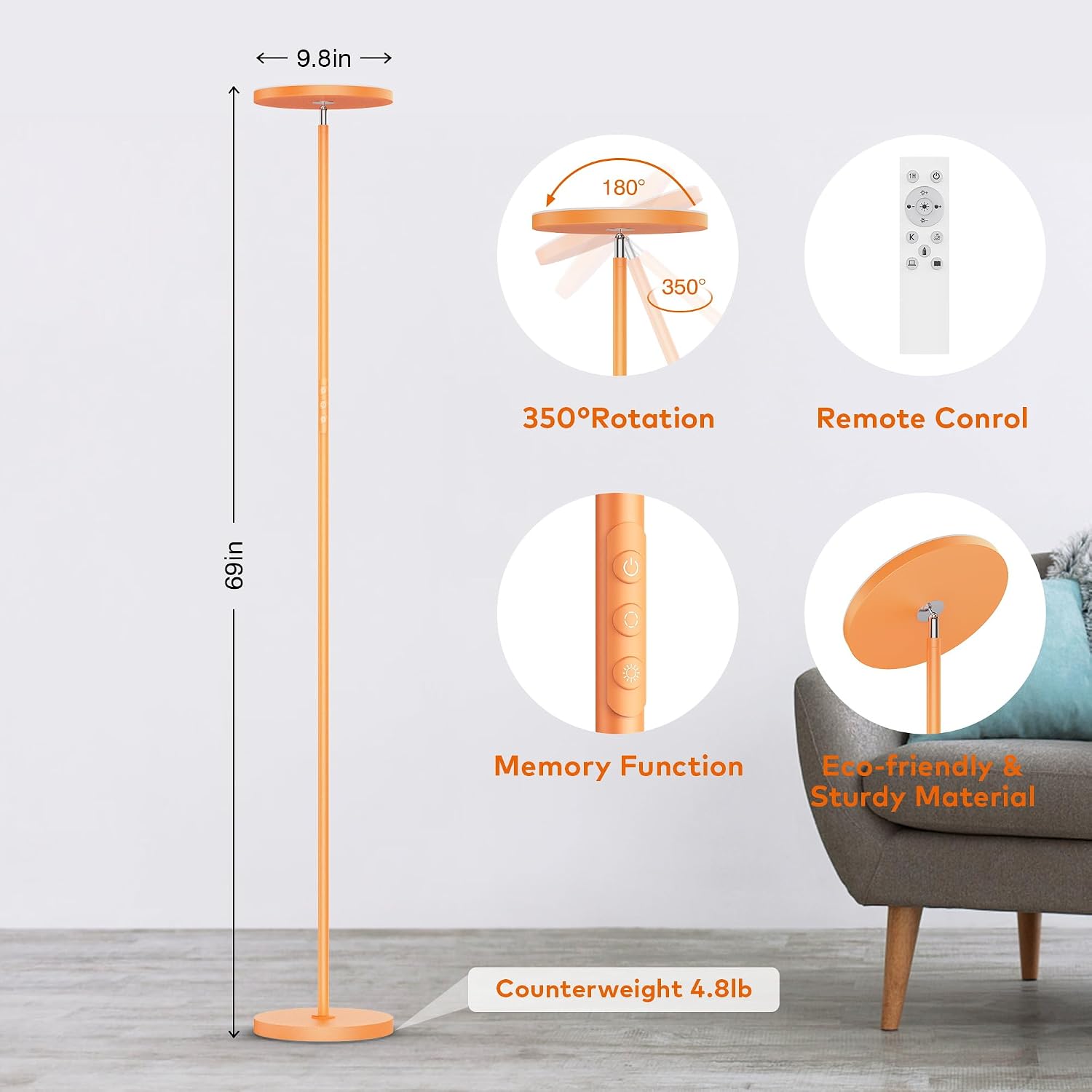 Floor Lamp, Bright 36W 3500LM Standing Lamp with Remote, 2700K Soft White to 6500K Cool White Adjustable, Touch Control Dimmable Torchiere…