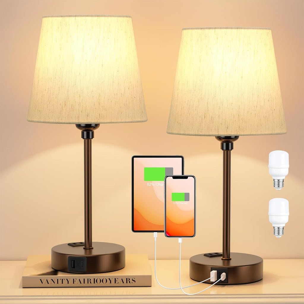 Brown Bedside Lamps for bedrooms Set of 2 - Nightstand Bedroom Lamp with USB C Port and AC Outlet Charging, 3 Way Dimmable Touch Control…