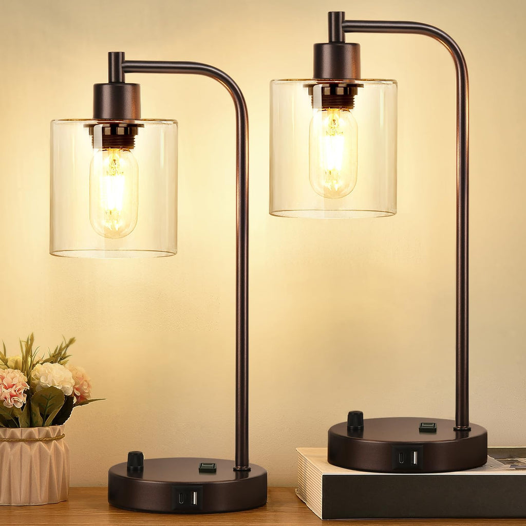 Lynnoland Set of 2 Oil Rubbed Bronze Table Lamps with USB C+A Ports and Outlet, Fully Stepless Dimmable Bedside Lamps, Industrial Desk…