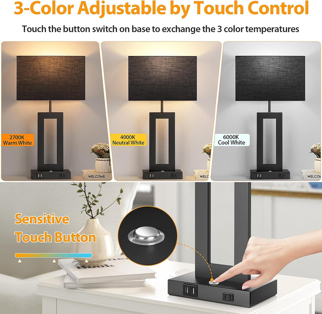 3 Color Temperatures Black Table Lamps for Bedrooms Set of 2, 22’’ Touch Control Bedside Nightstand Lamps with 2 USB Ports & AC Outlet…