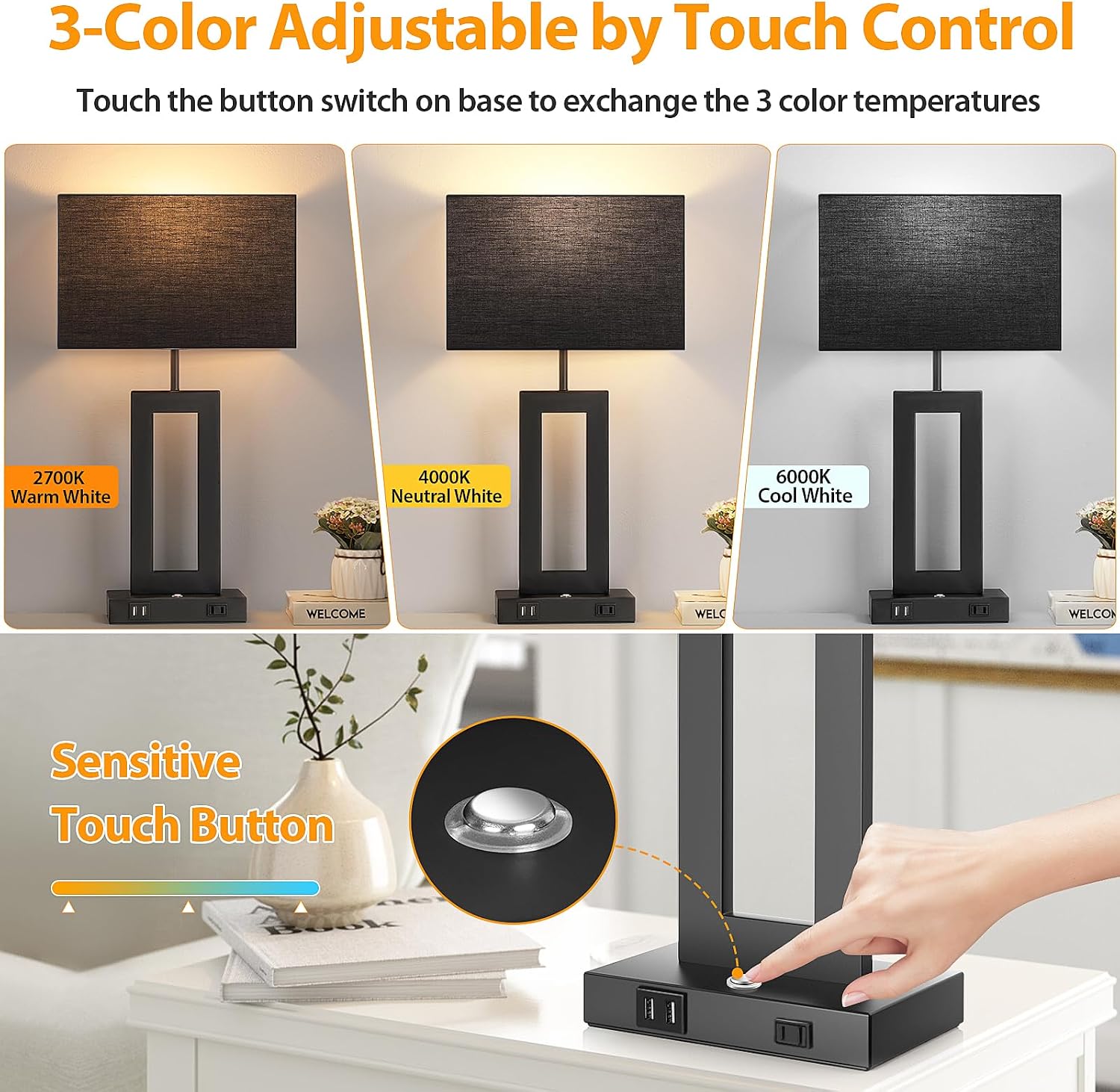 3 Color Temperatures Black Table Lamps for Bedrooms Set of 2, 22’’ Touch Control Bedside Nightstand Lamps with 2 USB Ports & AC Outlet…