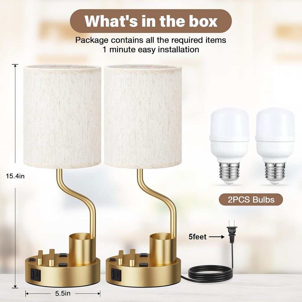 Gold Bedside Table Lamps for Bedroom Set of 2 - Nightstand Light with AC Outlet and USB A & C for Charging, 3 Color Temperatures Desk…