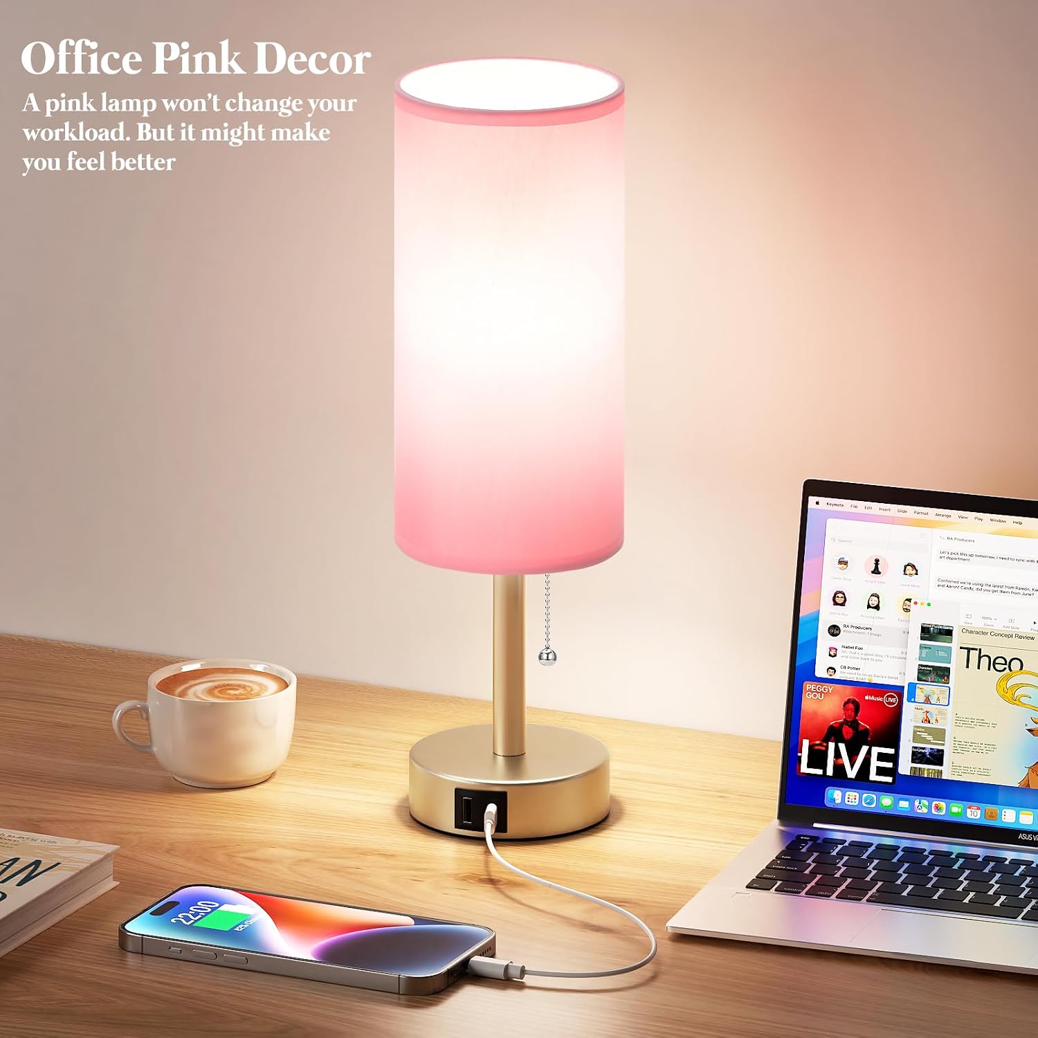 Dicoool Pink Bedside Table Lamp for Bedroom, Small Nightstand Lamp for Girls, 3 Color Temperatures & USB Charging Port, Cute Desk Lamp…