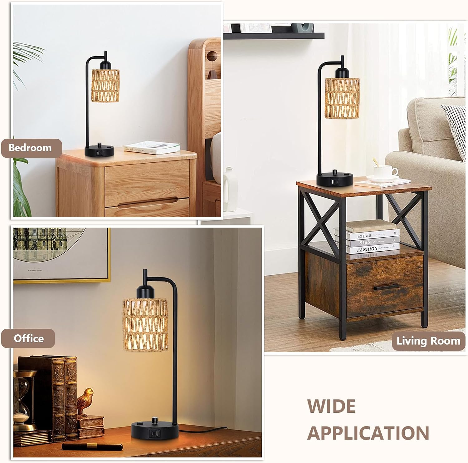 Rattan Table Lamps for Living Room Set of 2, Boho Bedside Lamps with LED Bulbs, USB Charging Ports and Outlet, Farmhouse Nightstand Lamp…