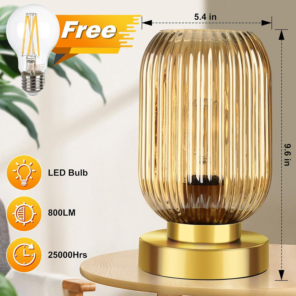 Mid Century Modern Table Lamp with Amber Ribbed Glass Shade, Touch Control & 3 Way Dimmable, Small Gold, Vintage Bedside Lamp for Bedroom…