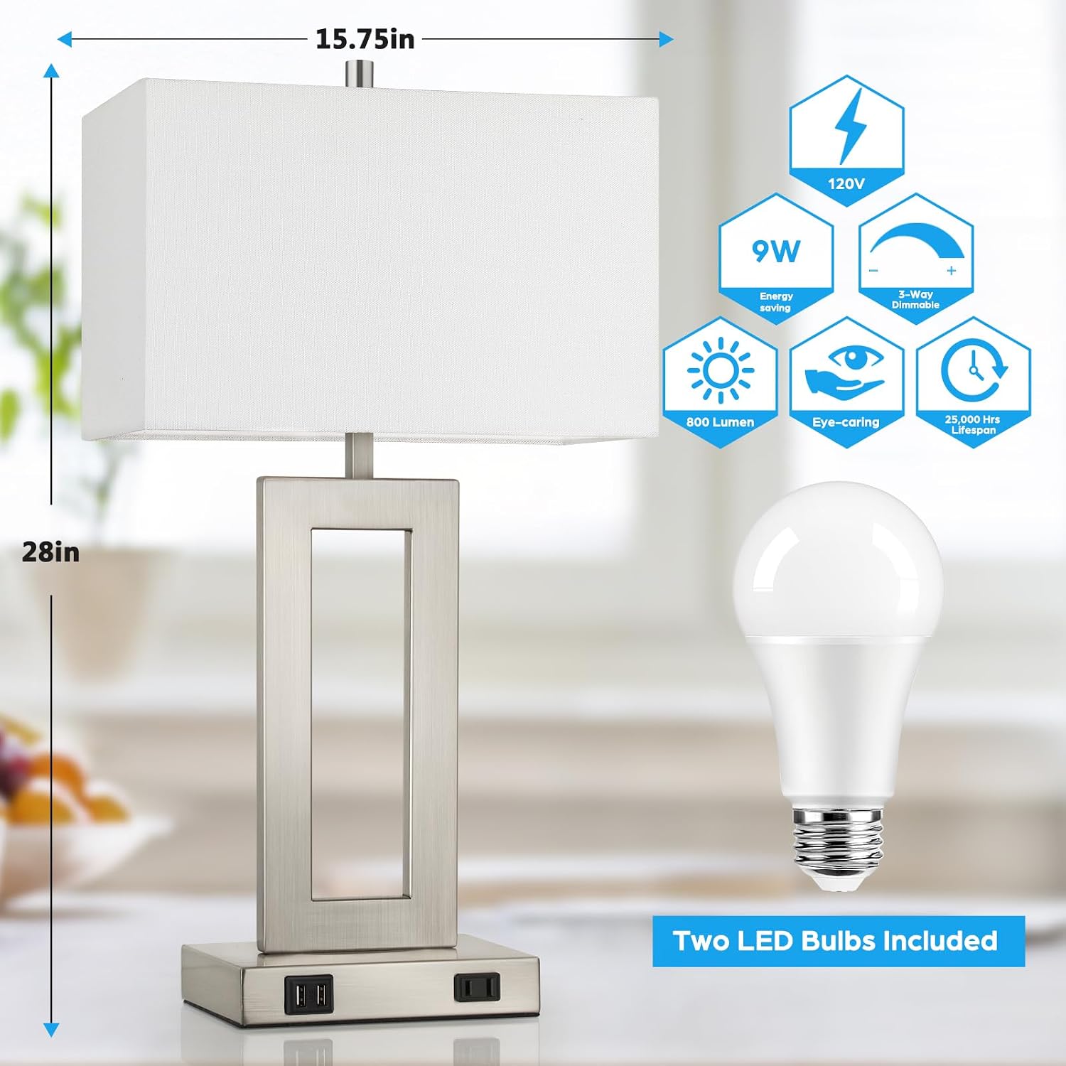 Tobusa Modern Silver Table Lamps Set of 2, 28inch Tall Lamps for Living Room Bedroom with 2 USB Ports&AC Outlet, 3 Way Dimmable Touch Contr…