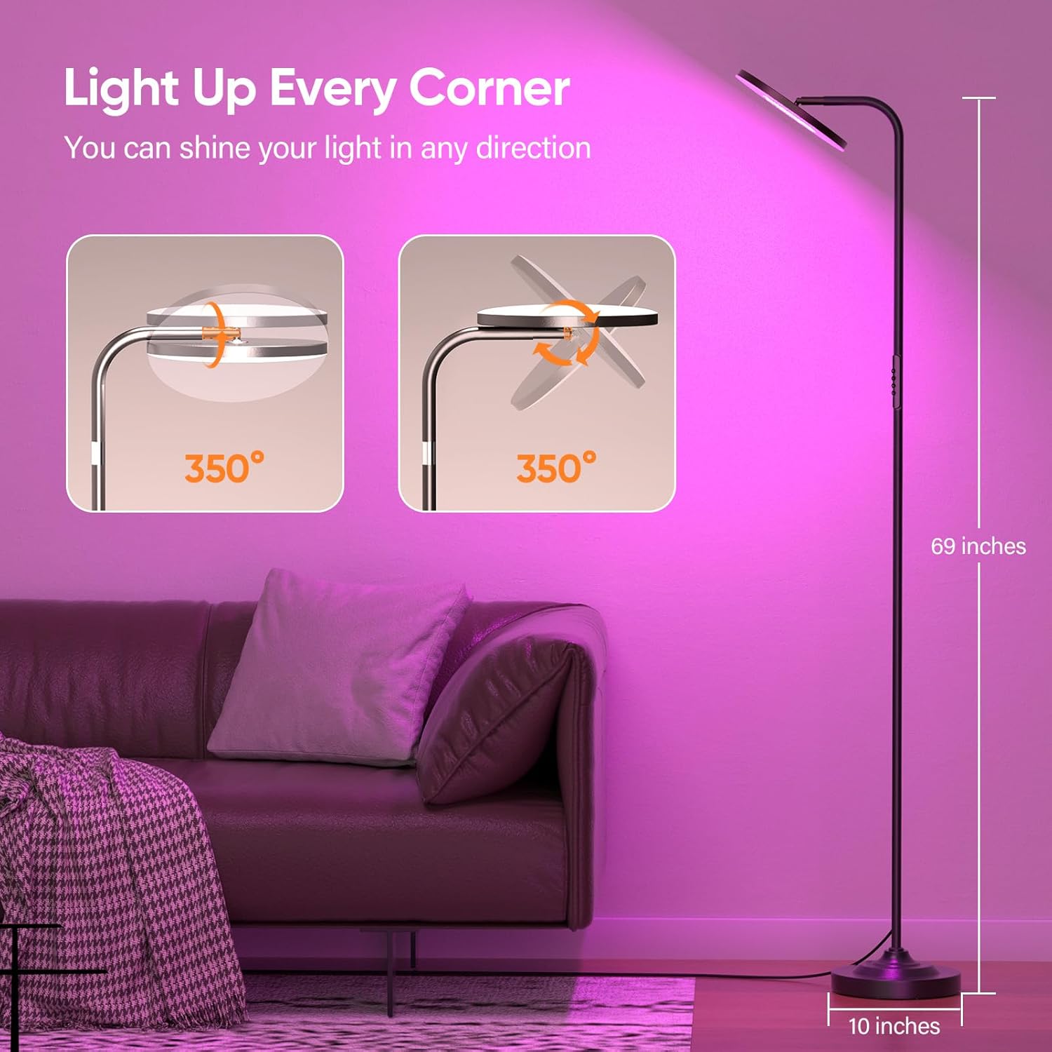 SIBRILLE RGB Floor Lamp, 36W Bright LED Standing Lamp, Stepless Dimming Color Changing Torchiere Floor Lamps with Remote, 350°Rotating…