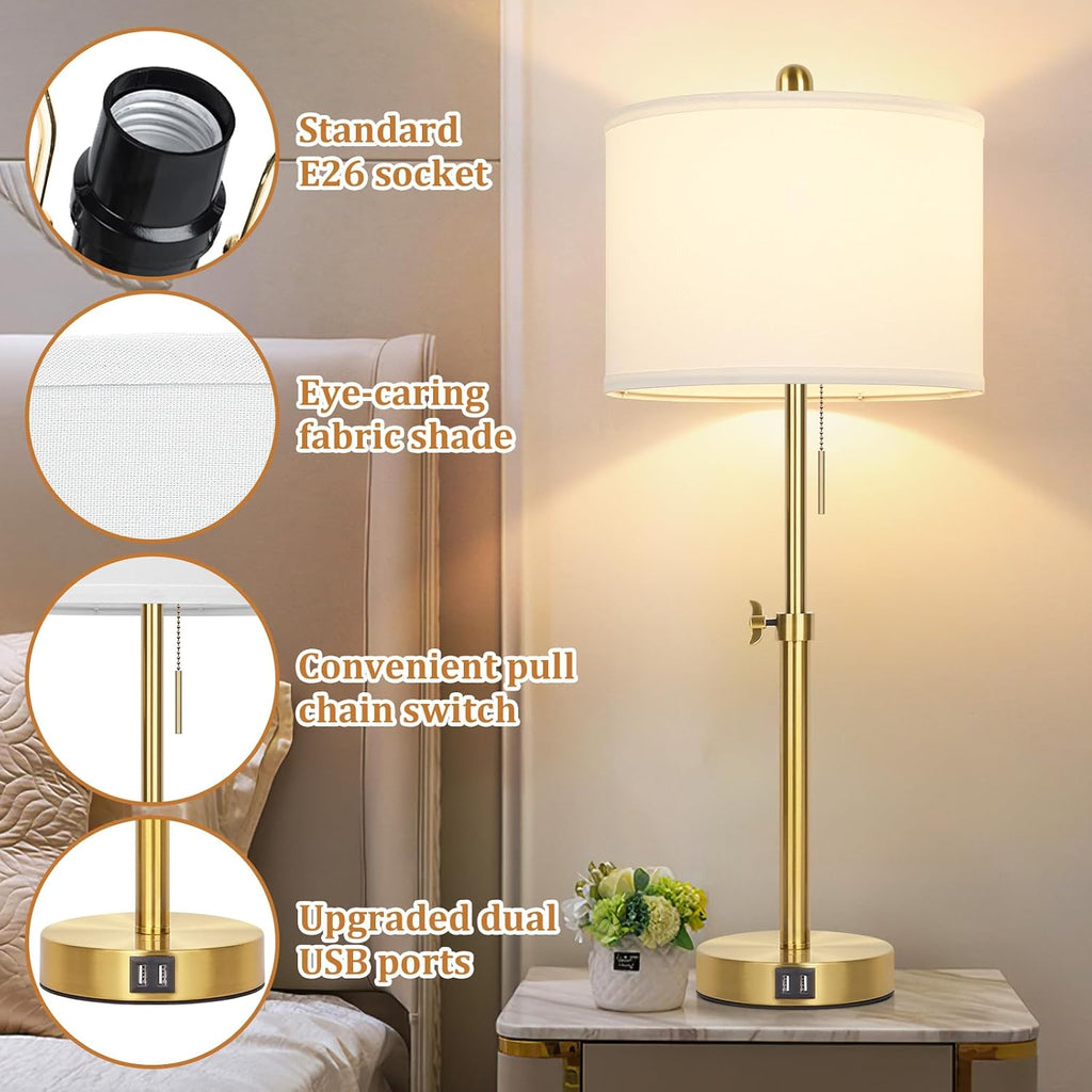 Kondras Table Lamp Set of 2, Bedside Lamp with 2 USB Ports, Gold Tall Table Lamp for Living Room End Tables, 23" to 30" Height Adjustable…