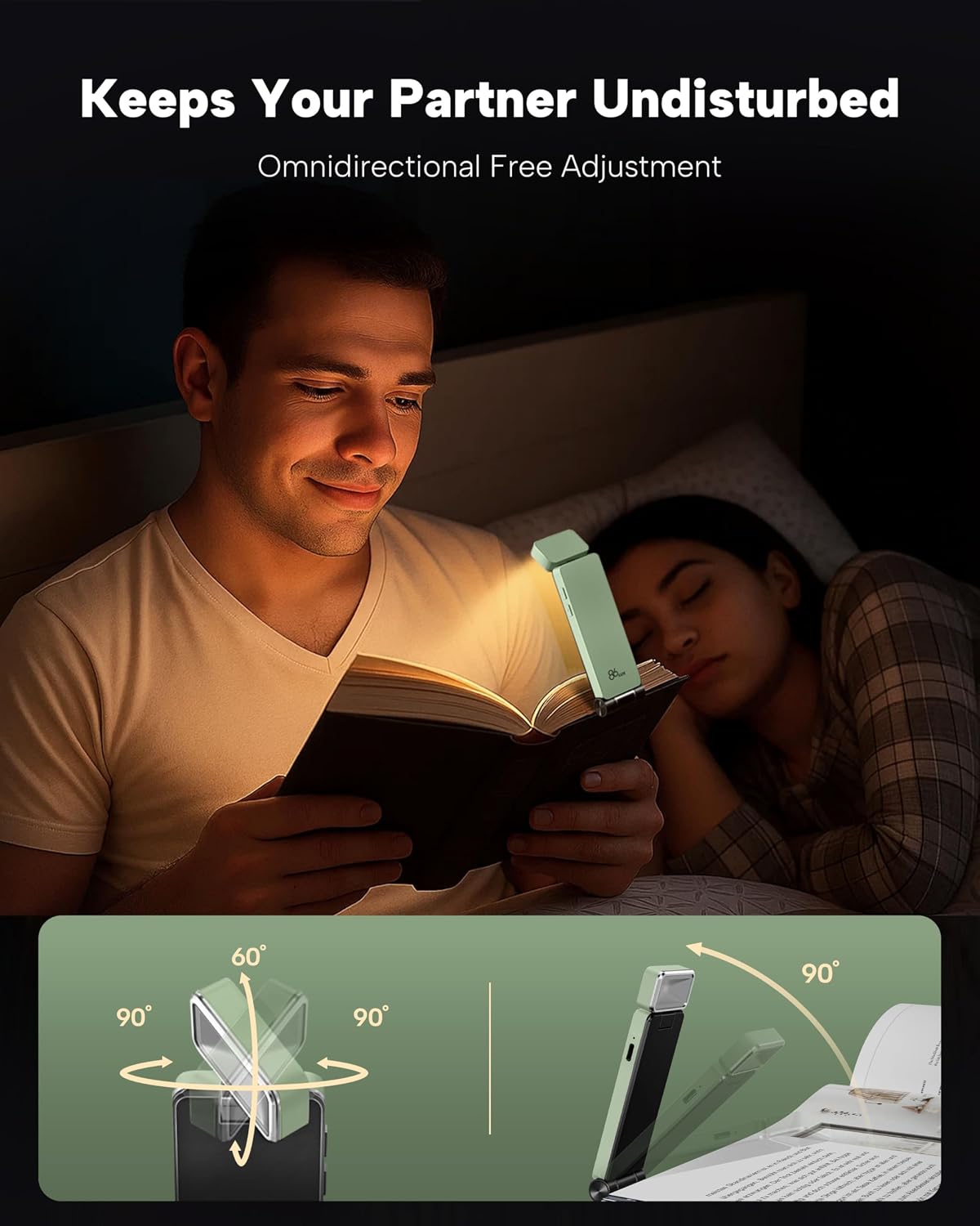 86Lux Book Light, Rechargeable Clip-On LED Reading Light for Bed & Night Use - 3 Color Temperatures with Stepless Dimming, Ultralight Bookm…