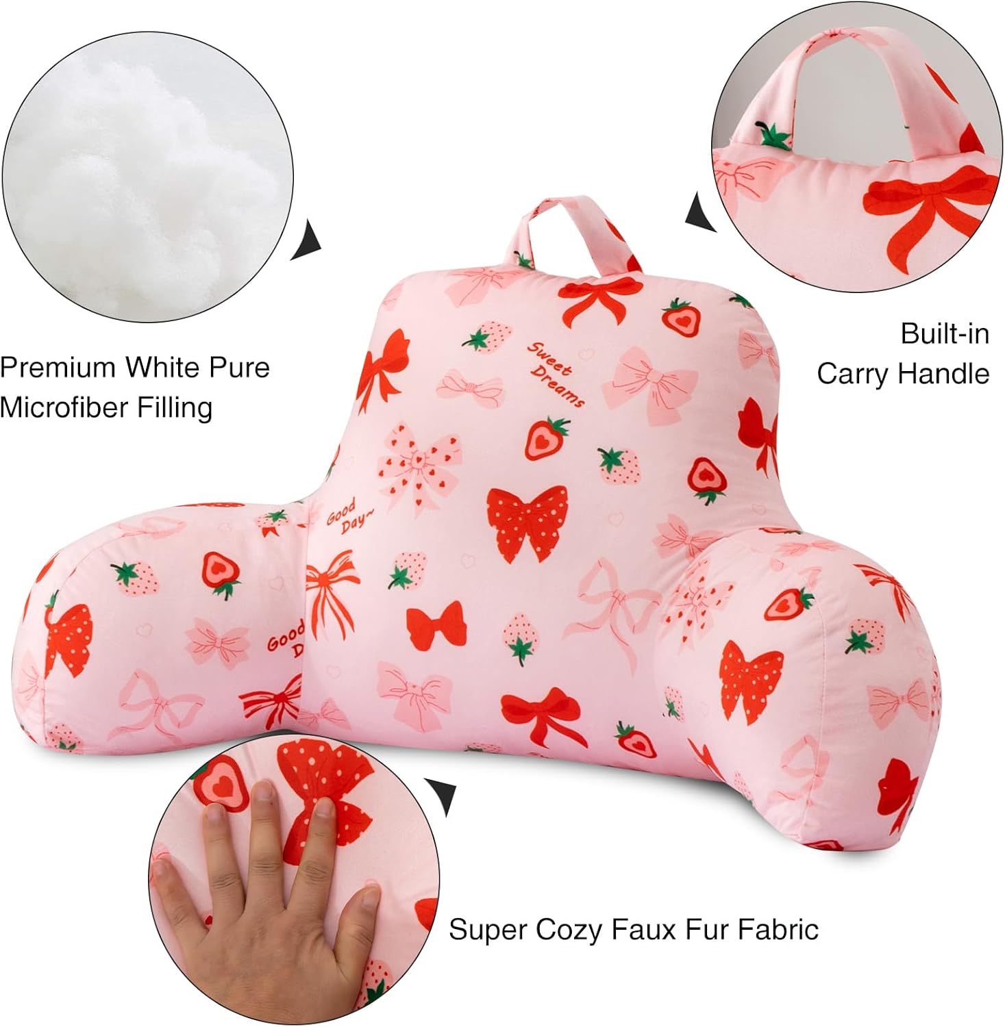 Aimuan Reading Pillow Bed Rest Wedge Backrest Pillow Red Bow Cute Ribbon Bowknot Printed Collections with Arms Sitting in Bed Blush