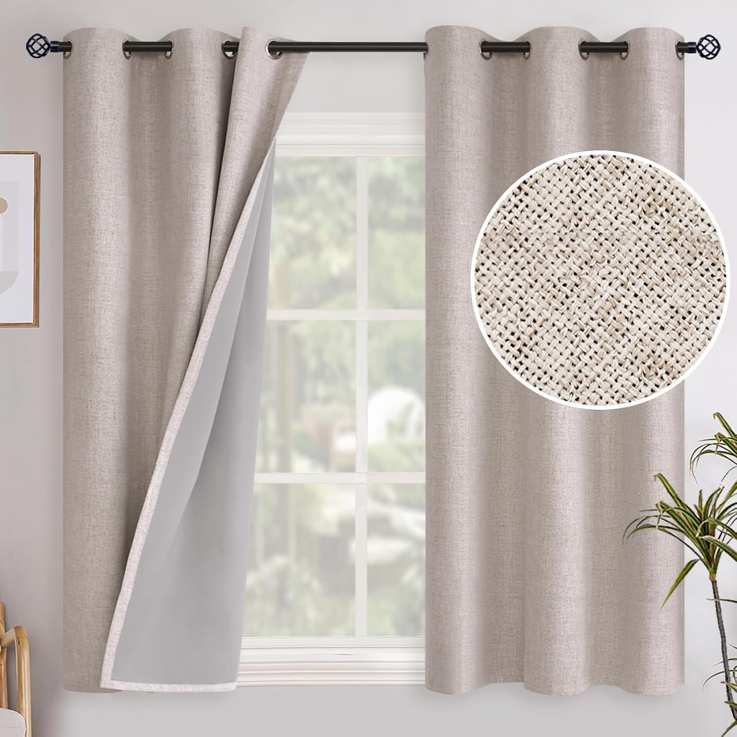 YoungsTex Linen Blackout Curtains 48 Inch Length, Bedroom Drapes Room Darkening with Grommet Privacy for Living Room Thermal Insulated Ener…