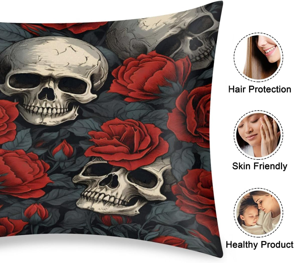 Valentine Rose Skulls Satin Silk Pillowcase for Hair & Skin Pillow Cases Standard Size Soft Silk Pillow Case with Envelope Closure Satin…