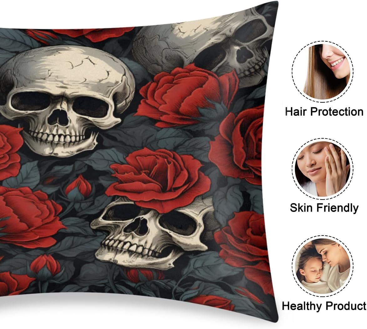 Valentine Rose Skulls Satin Silk Pillowcase for Hair & Skin Pillow Cases Standard Size Soft Silk Pillow Case with Envelope Closure Satin…