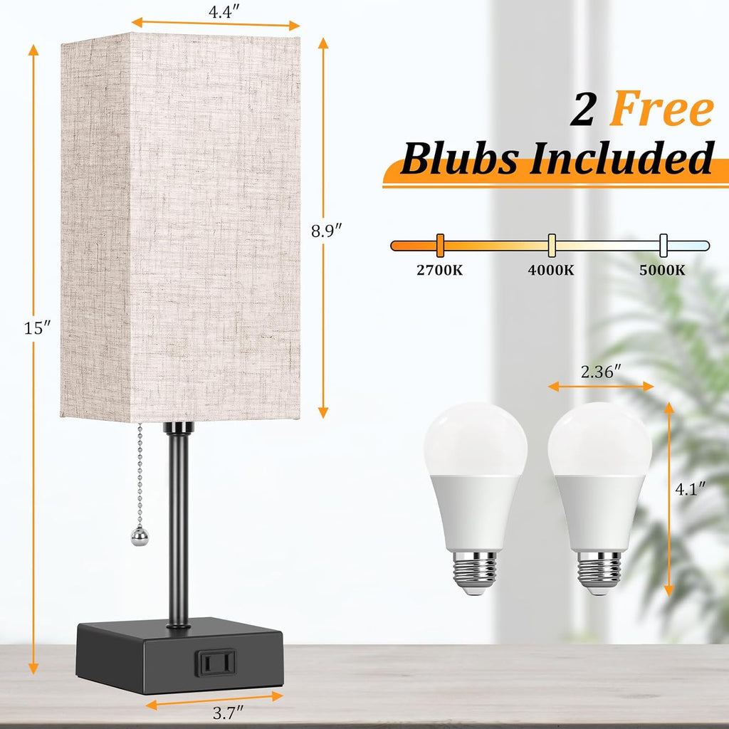 Table Lamp for Bedroom set of 2,3-Color Bedside Lamps with Pull Chain Table Lamps for Nightstand with AC Outlets, Night Light Lamps with 2…