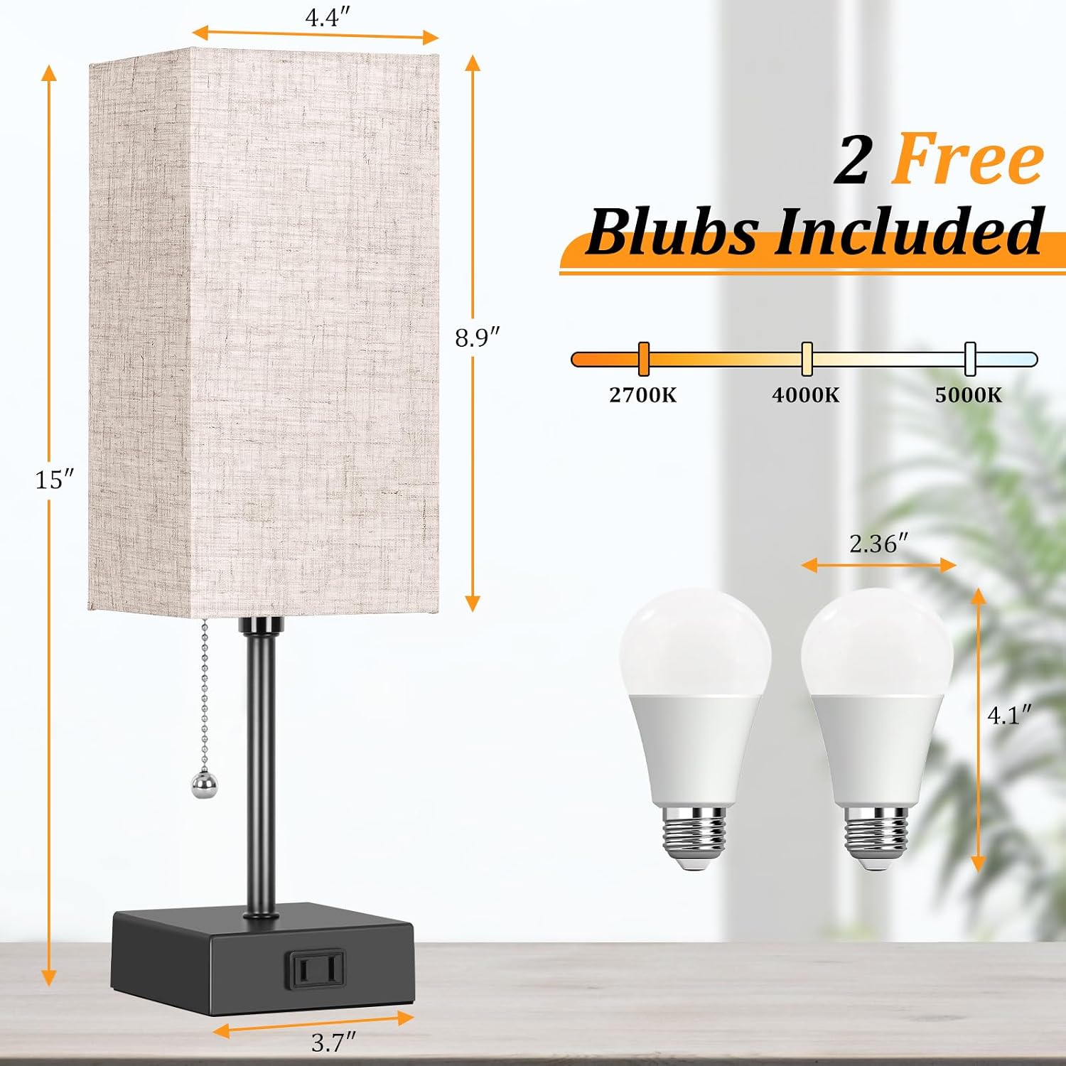 Table Lamp for Bedroom set of 2,3-Color Bedside Lamps with Pull Chain Table Lamps for Nightstand with AC Outlets, Night Light Lamps with 2…