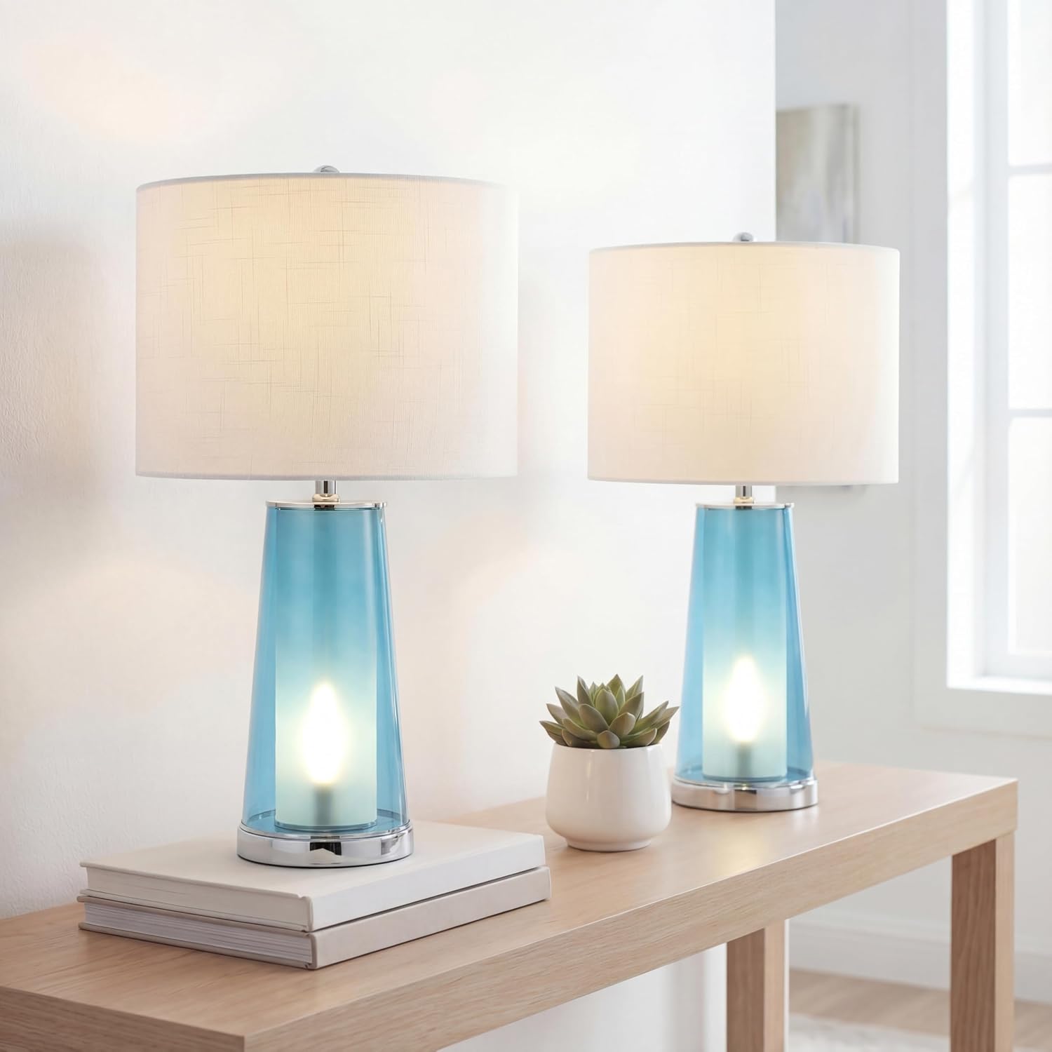 Jonathany JONATHAN Y 26" Chrome/Clear Blue Nightlight Table Lamp Set of 2 for Bedroom, Modern Glass Desk Lamps with White Fabric Shade, Far…