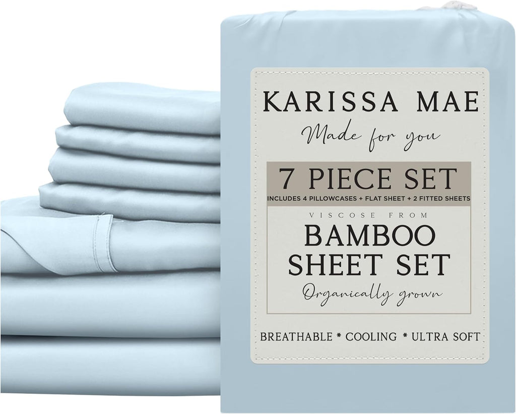 KARISSA MAE 7 Piece Pure Viscose from Bamboo Split King Size Sheet Set | 100% FSC Certified | Luxuriously Soft | Cooling | 18" Deep…