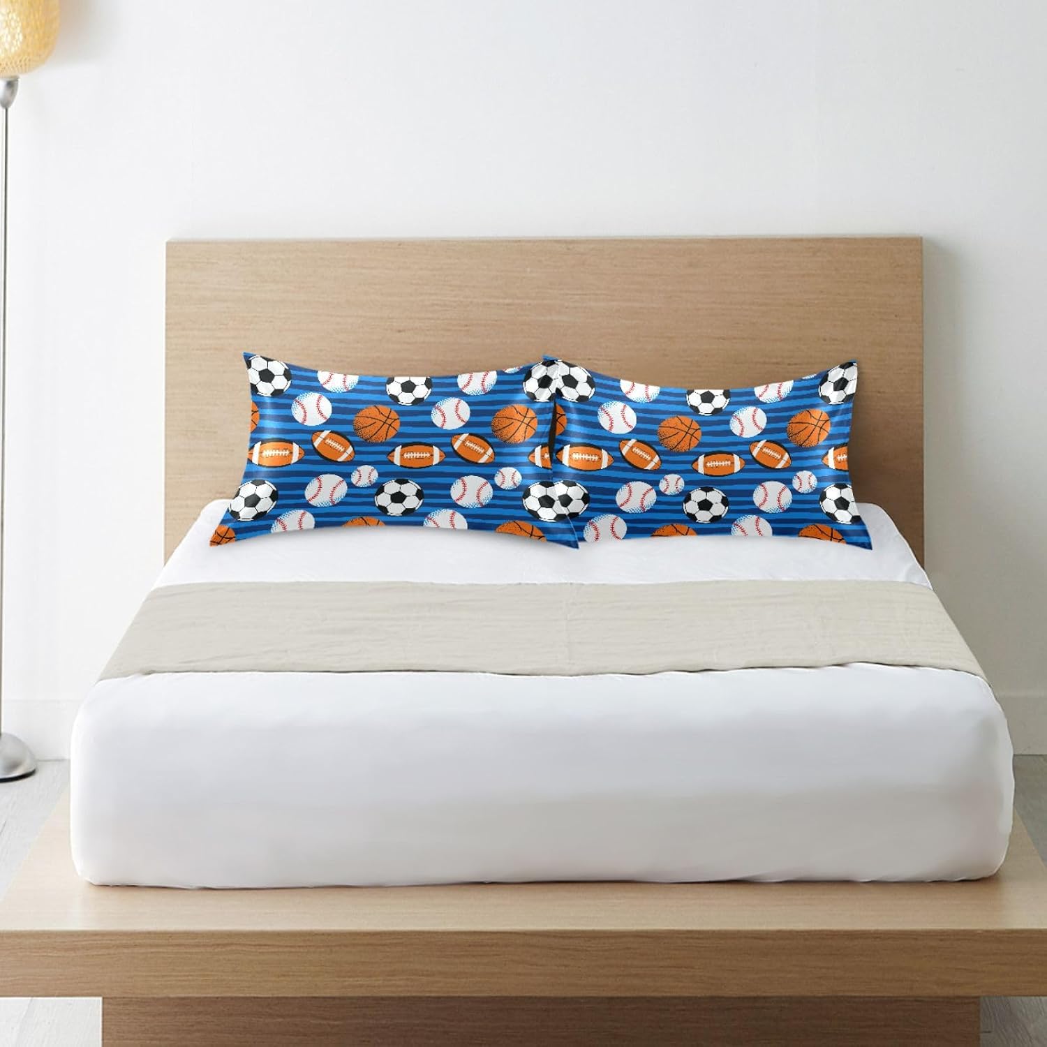 Soccer Balls Blue Pillow Covers Silk Pillowcase for Hair and Skin Breathable Silky Soft Satin Pillowcase Queen Size Pillow Case for Women…