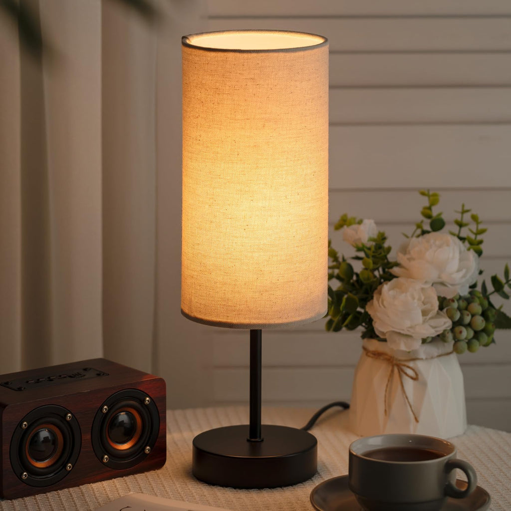 Small Bedside Table Lamp for Bedroom, Round Linen Shade and Black Metal Base, Rustic Minimalist Night Lamps for Nightstand, Dresser…
