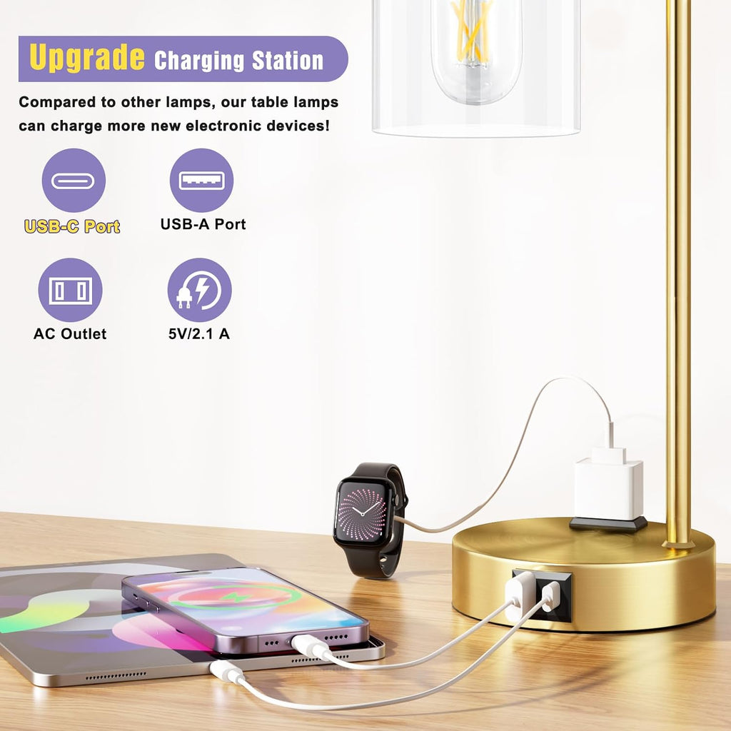 Innqoo Industrial Gold Table Lamp for Bedrooms Set of 2-3-Way Dimmable Desk Lamp with USB C+A Ports and Outlet, Gold Lamps with Clear…
