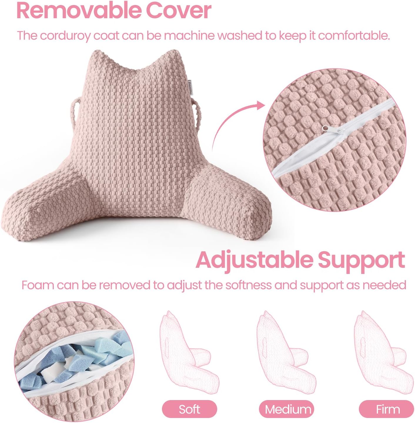 Yagamo Yaagmo Large Reading Pillow for Bed Sitting Up, Corduroy Backrest Pillow with Shredded Memory Foam Filling, Back Support Cush…