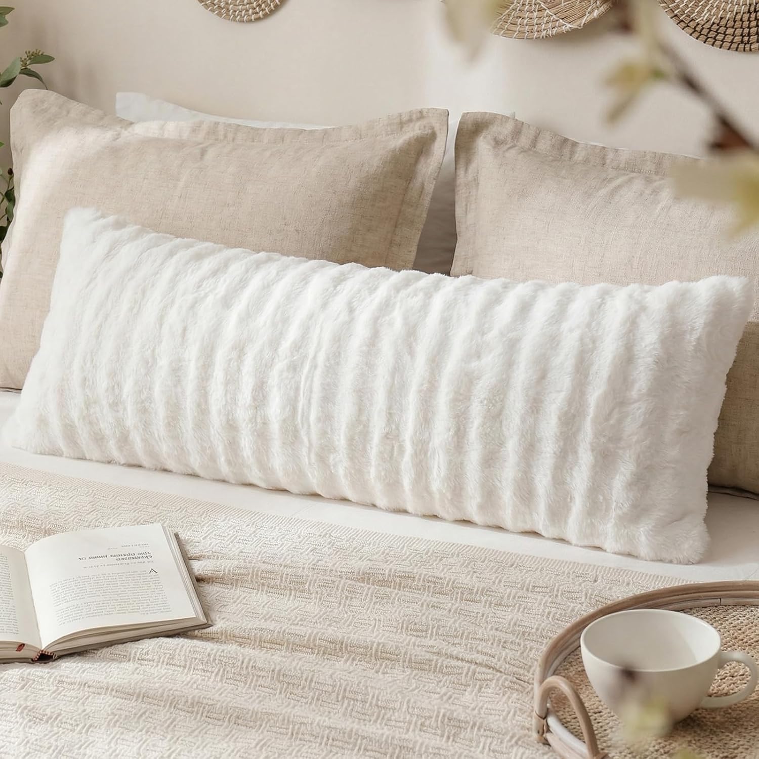Chumerry Faux Fur Body Pillow Cover, Super Soft Fuzzy Plush Bedding Pillow Long Pillowcases 1 Pieces, Chic Striped Plaid Geometry Decorativ…