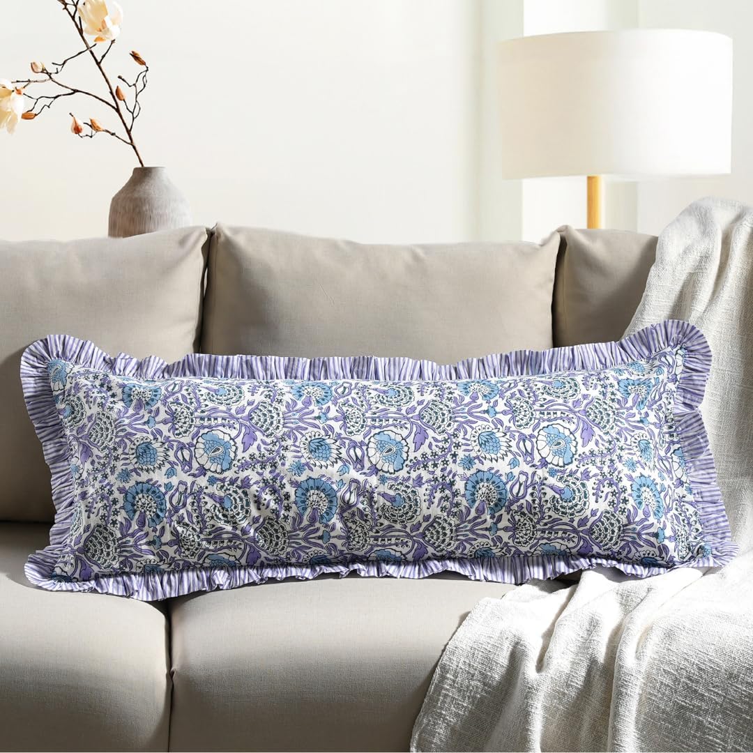 Cottonprintclub CPC Hand Block Print Indigo Blue Ruffle Sham Pillow Cover 36" x 14" inch Hidden Zipper Decorative Pillowcase for Couch, Bed…