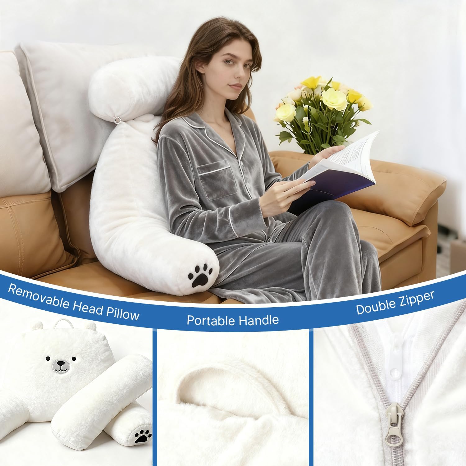 Reading Pillow Plus, Crystal Velvet Back Pillow Bed Sitting Up for Adult & Children, Back Rest Pillow Support for Reading & Rest Bed, Add…