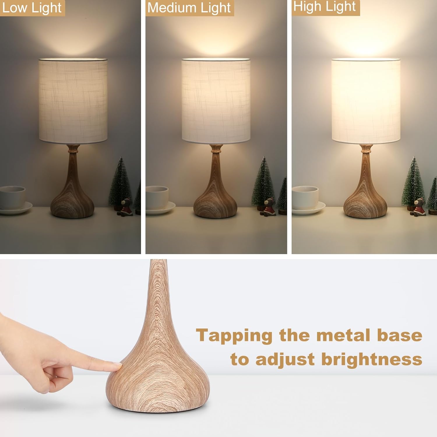 Dimmable Small Table Lamp, Bedside Lamps Touch Control for Bedrooms Nightstand with Wood Grain Base, Desk Lamp Night Light for Office…