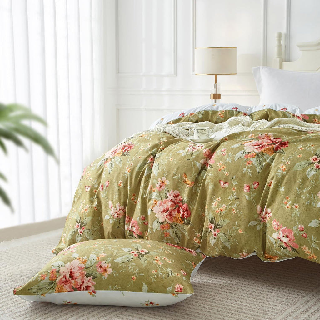 mixinni Duvet Cover King Size, Long Staple Cotton Reversible Green Floral Duvet Cover Set with Zipper Ties, 3 Pieces Botanical Pink Flowers…