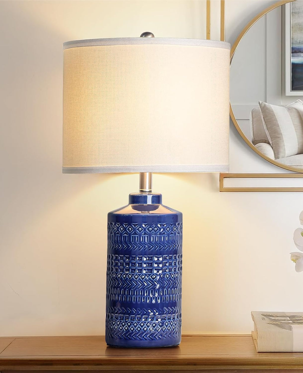 JUNNAI 24.5" Navy Blue Table Lamp Modern Bedside Ceramic Lamps for Living Room 3-Way Dimmable Entryway Nightstand Farmhouse Lamp for Home…