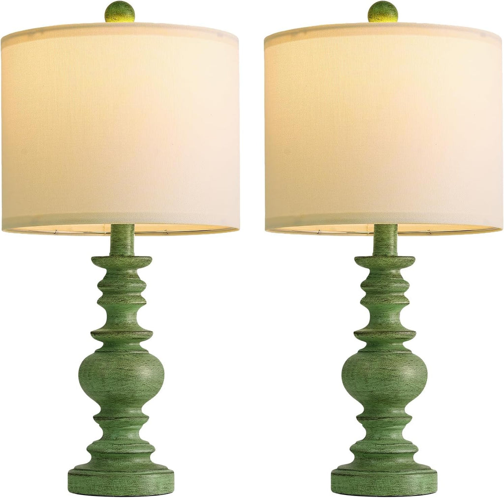 BOBOMOMO 20" Sage Green Table Lamps Set of 2 – Farmhouse Resin Bedside Lamps with Linen Shades, Handcrafted Traditional Rustic Lamp for…