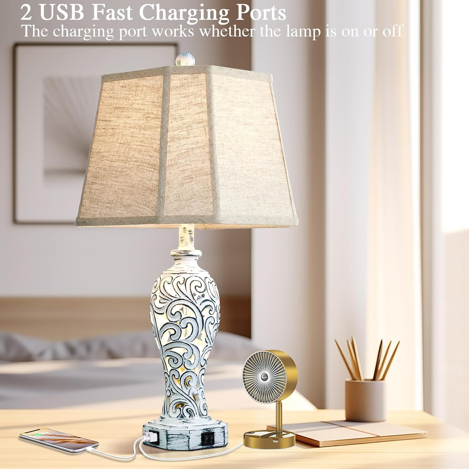 25'' Farmhouse Table Lamps Set of 2 for Living Room Bedroom, 2 USB Ports Rustic Vintage Nightstand Table Lamp with Nightlight, Hollow Out…