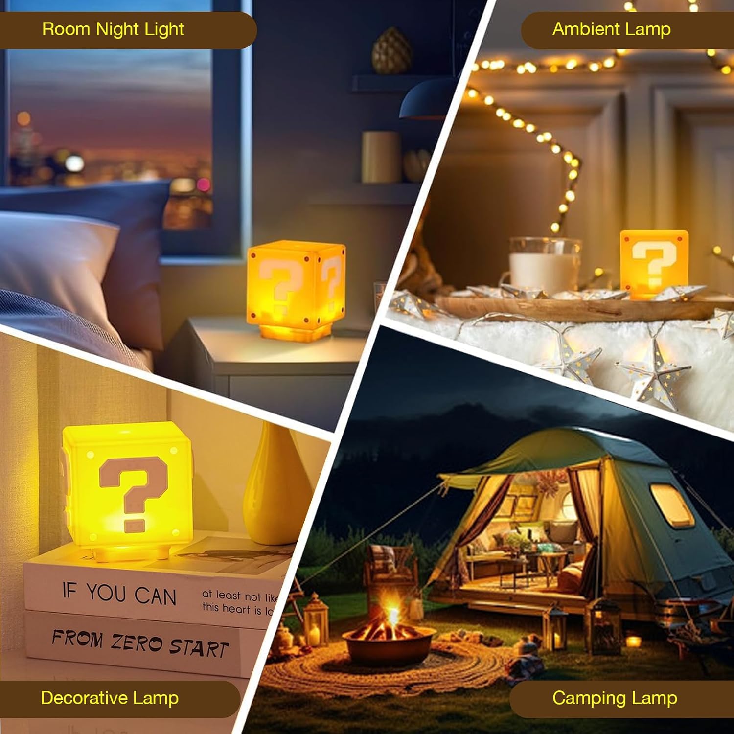 TLAOTNIY Super Bros Mini Question Block Night Lights - USB Powered Bedside Lamp with Game Sound Effects - Gift for Friends & Fans (2Pack)