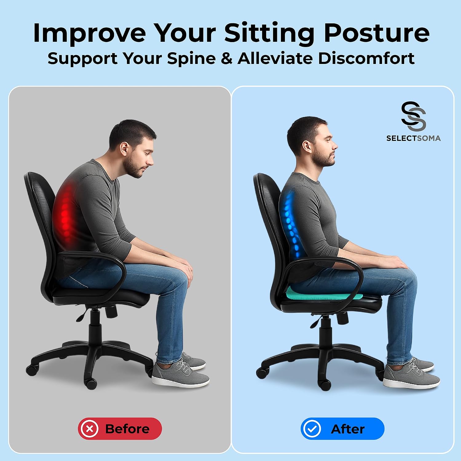 SelectSoma Mint Green Gel Seat Cushion for Long Sitting, Patent-Pending Mold Design, Double-Thick Pressure Relief for Tailbone, Sciatica, C…