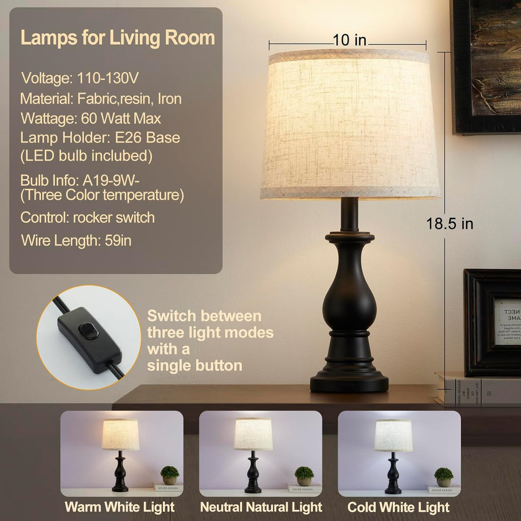 Vintage Table Lamp for Living Room Bedroom, 18.5" Farmhouse Bedside Lamps Nightstand Lamp Set of 2, Table Lamps with Oatmeal Linen Lamp…