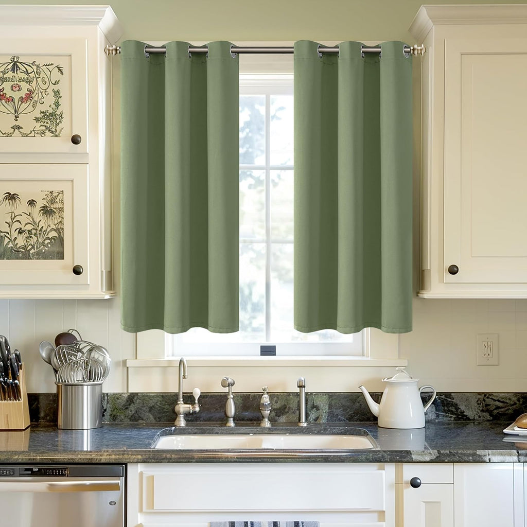 YoungsTex Olive Green Blackout Curtains 45 Inch Length for Bedroom Kitchen Window - Short Thermal Insulated with Grommet Room Darkening Dra…