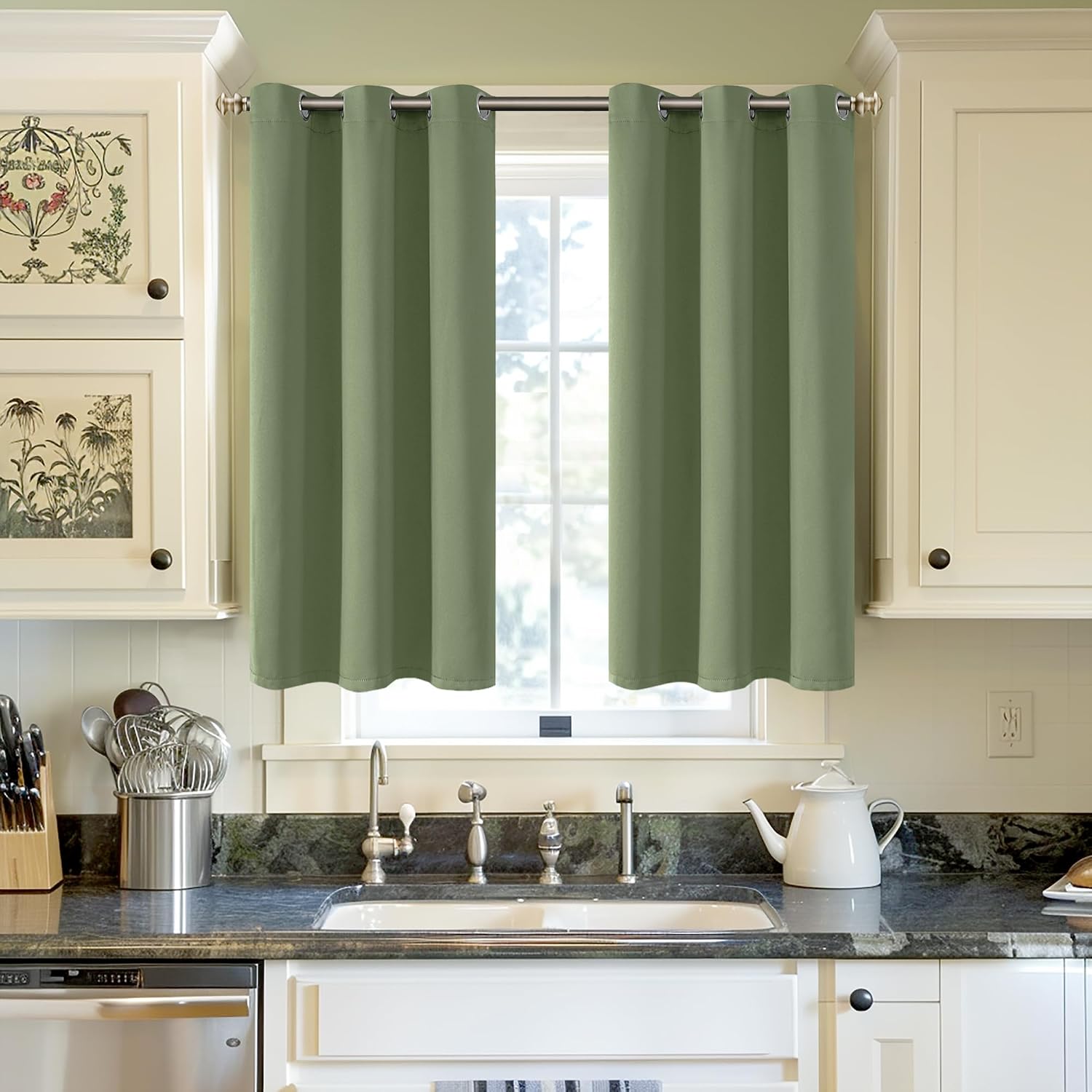 YoungsTex Olive Green Blackout Curtains 45 Inch Length for Bedroom Kitchen Window - Short Thermal Insulated with Grommet Room Darkening Dra…