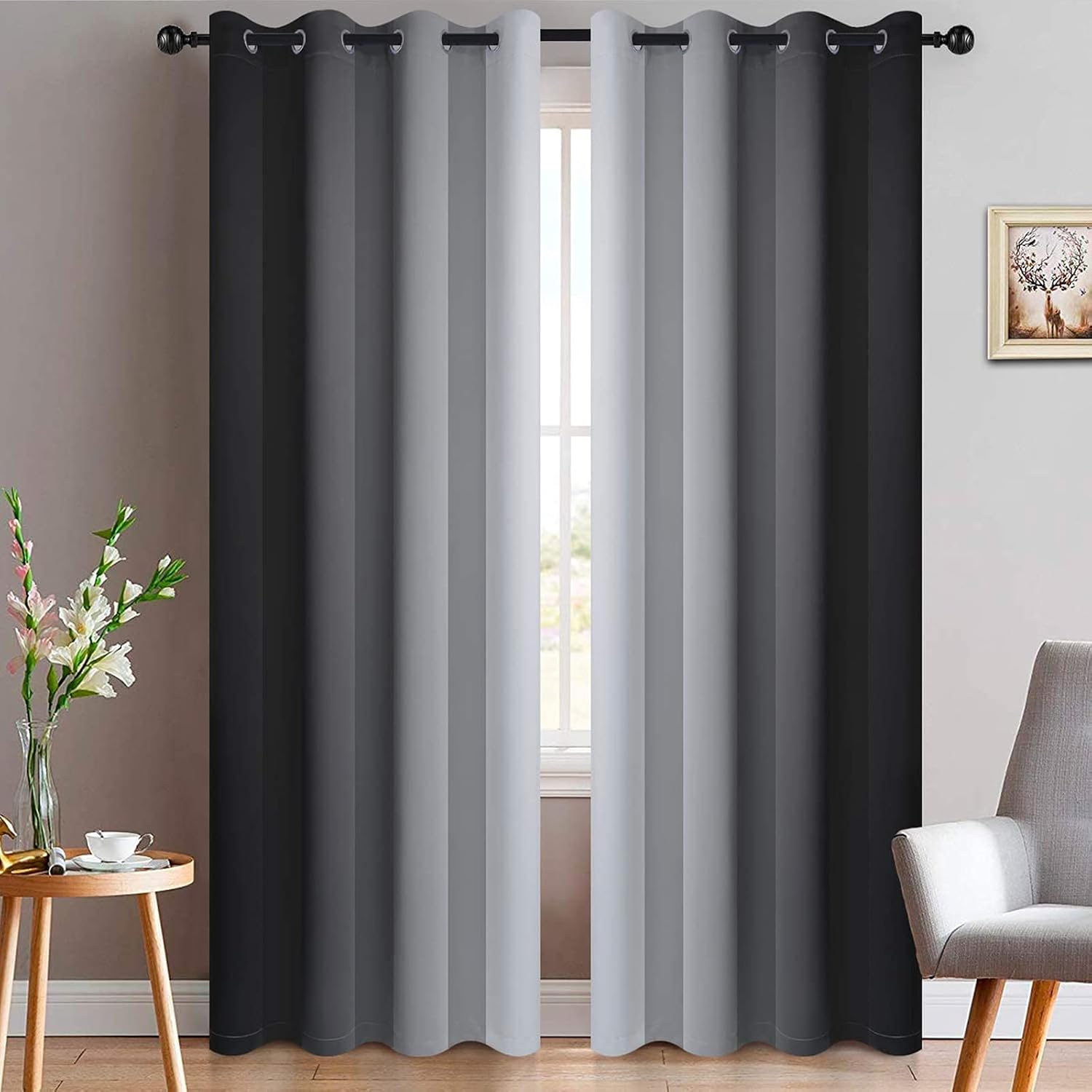 Yakamok Greyish White and Black Ombre Curtains for Bedroom, Light Blocking Gradient Color Drapes, Room Darkening Thermal Insulated Grommet…