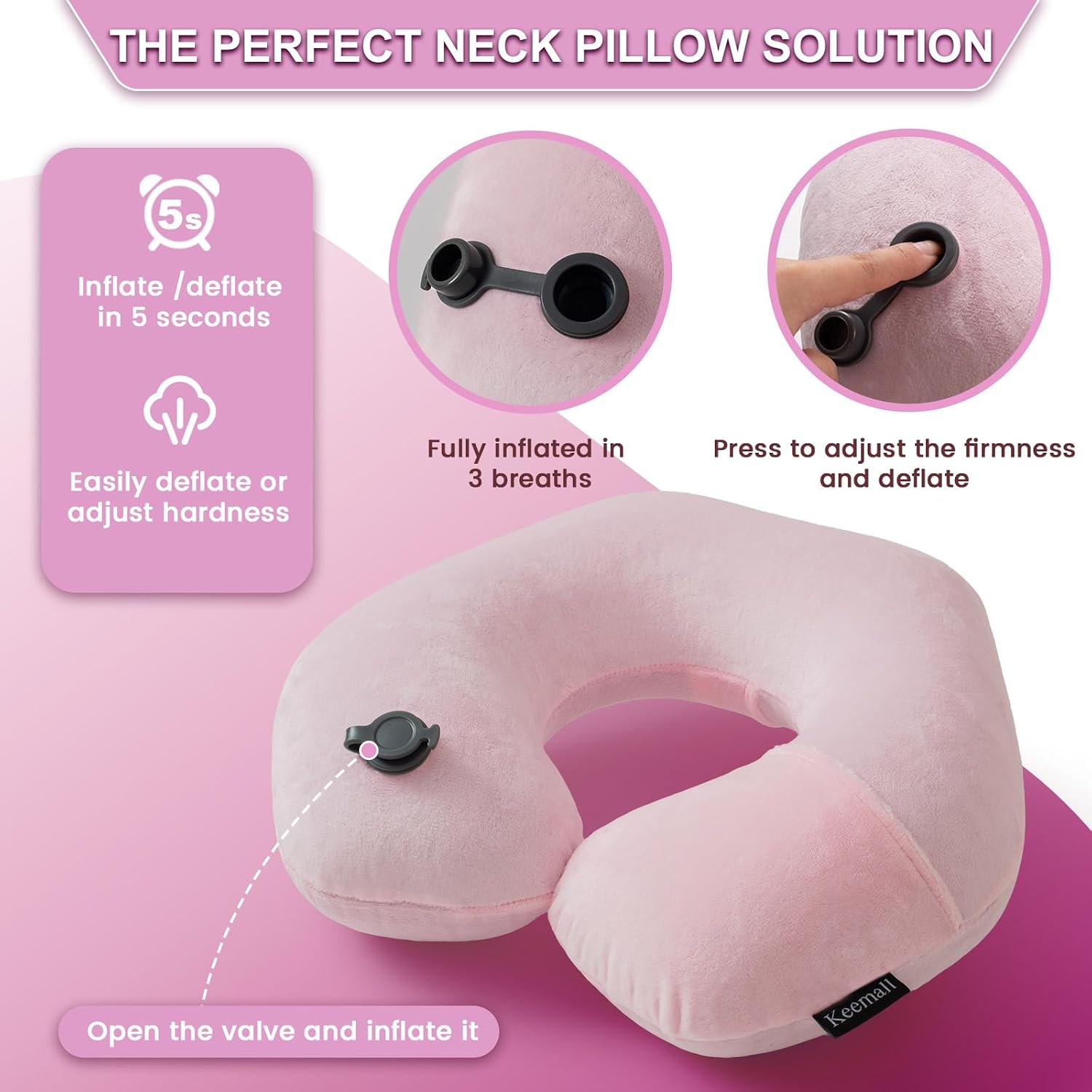 Keemall Inflatable Neck Pillow, Premium Pink U-Shaped Travel Pillow with Soft Washable Cover, Compact Portable Airplane Travel Essentials…