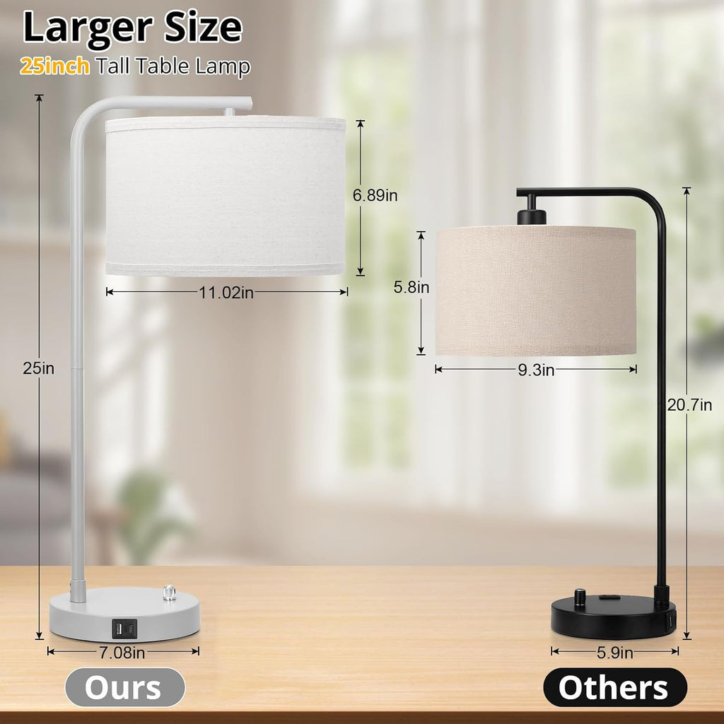Table Lamp with USB C+A Ports, Fully Dimmable Nightstand Lamp for Living Room, Modern Grey Bedside Lamp, Tall Table Lamp with Beige Shade…
