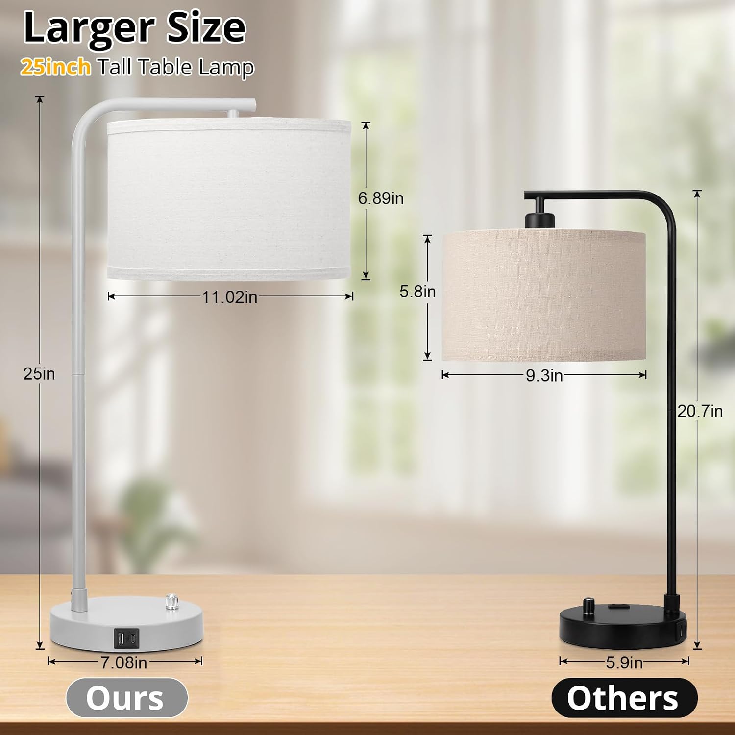 Table Lamp with USB C+A Ports, Fully Dimmable Nightstand Lamp for Living Room, Modern Grey Bedside Lamp, Tall Table Lamp with Beige Shade…