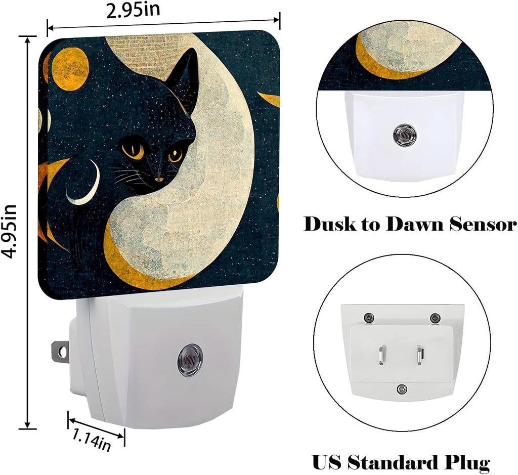 Black Cat Moon Night Light, Plug Into Wall for Boys Girls Bedroom Decorative Square Night Light Lamp 0.5w Sleep Friendly