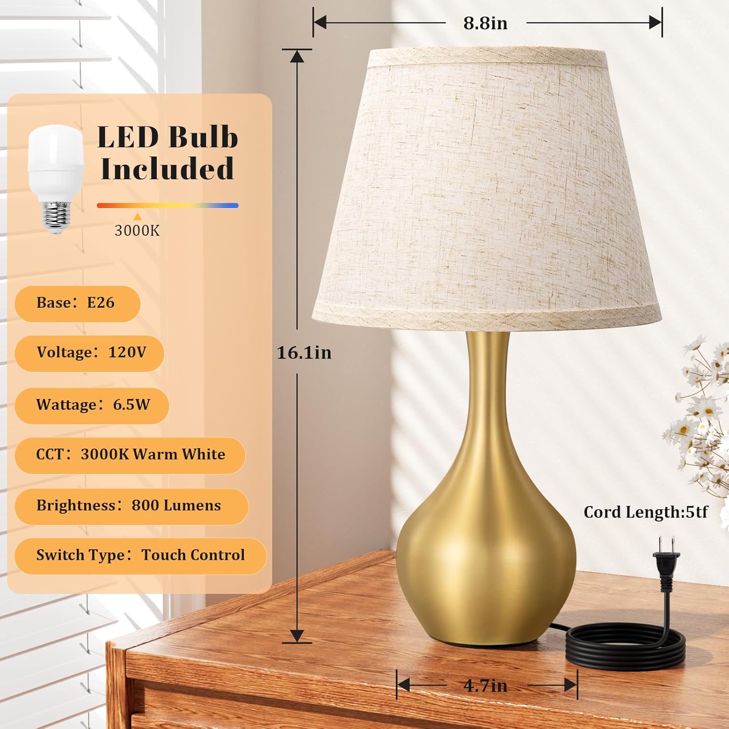 Seealle Touch Table Lamp for Bedroom, 3-Way Dimmable Small Bedside Lamps for Night Stands with Wires, Gold Desk Lamp for Kids Room…