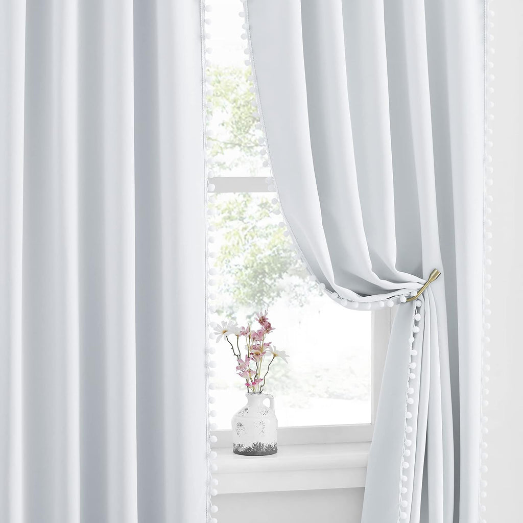 NICETOWN 2 Panels Blackout Curtains, Rod Pocket Bedroom Curtain Panels 63" Length, Pompom Thermal Insulated Room Darkening Drapes for…