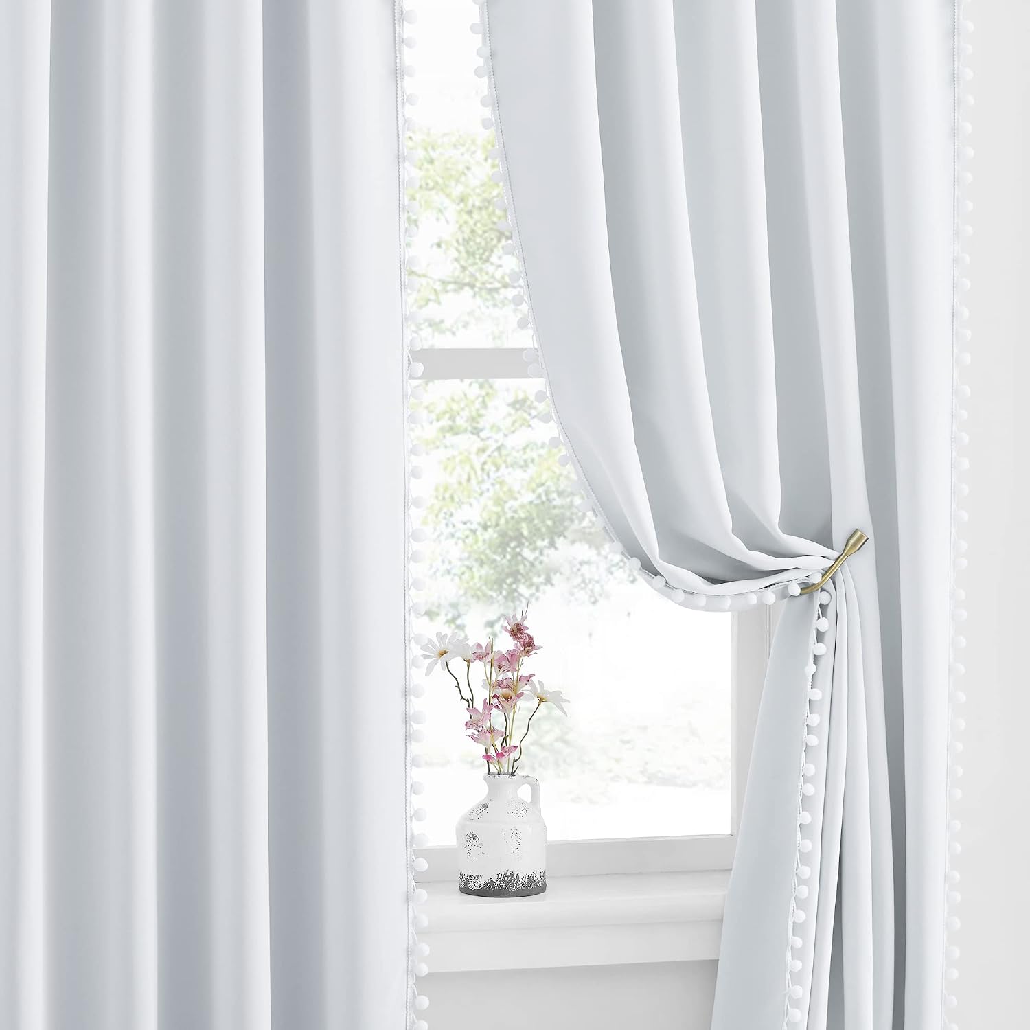 NICETOWN 2 Panels Blackout Curtains, Rod Pocket Bedroom Curtain Panels 63" Length, Pompom Thermal Insulated Room Darkening Drapes for…